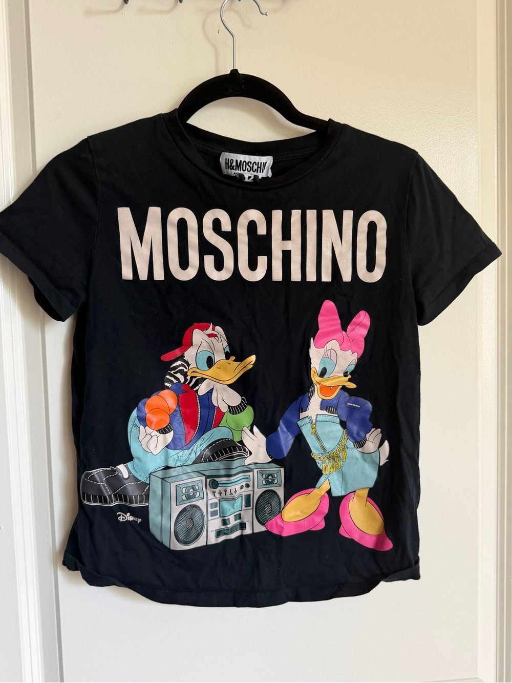 H&M Black Tee with Colorful Donald & Daisy Cartoon Print